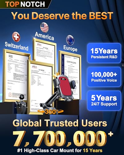 HTU 2026 Ultimate Best【True Military-Grade & Safety Cert】Car Phone Holder【Upgraded 360 Rotation & 100+LBS Strongest Suction】5-in-1 Truck Windshield Dashboard Vent Mount Stand for iPhone Android, Red - color: Red