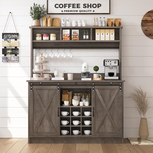 4ever2buy Farmhouse Coffee Bar Cabinet with 3 Storage Hutch, 47” Coffee Bar with Sliding Barn Doors, Hutch Cabinet with 6 Hooks & 9 Wine Racks for Dining Room, Kitchen, Wash Grey - color: Grey, size: 48Inch
