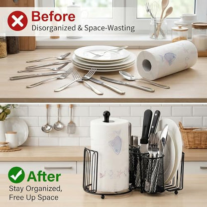 Elsjoy Picnic Utensil Holder Caddy with Handle & Paper Towel Holder, Metal Silverware Organizer Portable Flatware Holder for Cutlery, Fork, Spoon, Plate, Napkin