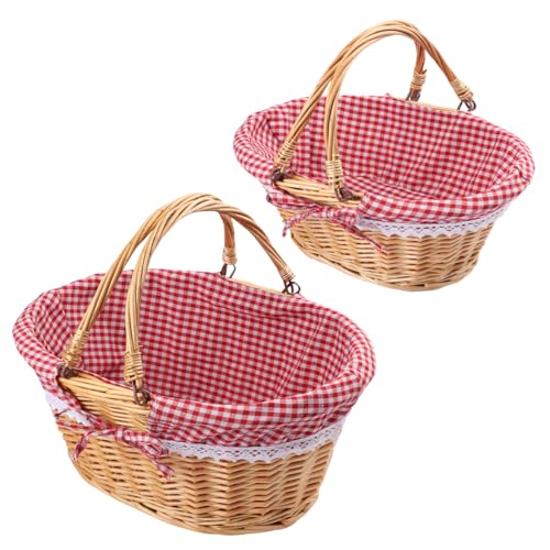 GNIEMCKIN 2 Pack 14 & 12.6 Inch Wicker Basket with Handle, Wicker Picnic Baskets with Checkered Liner, Oval Willow Woven Basket for Fruit, Wine, Wedding, Picnic - size: 2 Pack 14 & 12.6 Inch