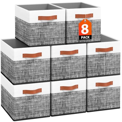 Fab totes Collapsible Storage Baskets for Shelves,14"x10", 8 Pack Foldable Fabric Storage Bins with Double Leather Handles, Large Baskets for Organizing Books, Clothes, White & Black - color: Black, size: 8Pack