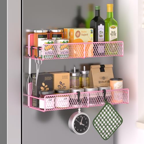 Magnetic Spice Rack for Refrigerator, 2 Pack Metal Magnetic Shelf Pink, Moveable Spice Organizer with Hooks, Super Magnetic Fridge Shelf for Kitchen Organization and Storage - color: Pink, style: 2 Pack