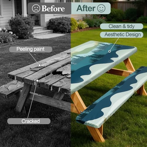 Play Tailor Picnic Table Cover with Bench Covers Camping Essentials Waterproof Windproof Camping Tablecloth with Drawstring Bag, Fitted Rectangle Tables and Seats, 60in, Green Blue - color: Green Blue, size: 60in
