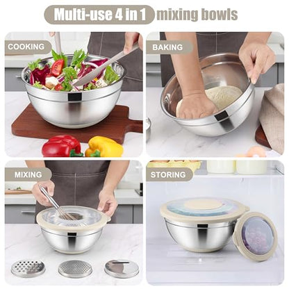 E-far Mixing Bowls with Lids Set, 15PCS Stainless Steel Mixing Nesting Bowl with Colander & 3 Metal Grater for Kitchen Prep/Baking/Storage, Non-Slip Bottom & Airtight Lid, 4.6, 3, 1.5, 1, 0.7QT, Khaki - color: Khaki