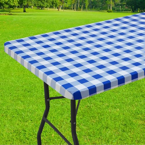 Smiry Rectangle Picnic Table Cloth, Elastic Waterproof Fitted Vinyl Tablecloths, Flannel Backed Buffalo Plaid Table Covers for Dining, Camping, Outdoor (White and Blue, 24" x 48") - color: Blue and White, size: 48" x 24" (Rectangular)