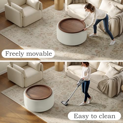 Round Storage Ottoman Coffee Table with Walnut Tray, 30'' Round Ottoman with Storage, Modern Upholstered Coffee Table with with 4 Casters for Living Room, Linen Fabric, Beige - color: Beige