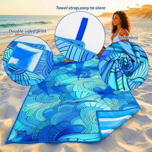 Puomue Microfiber Lightweight Beach Towel, 71 Inch X 32 Inch, Ultra Portable, Sand Free, Quick Dry, Thin and Large Size Towel for Travel, Camping, Swimming (Waves, 71“ X 32”)