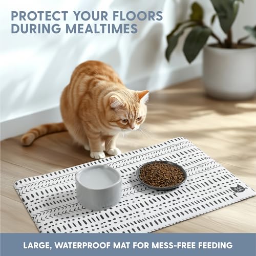 The Cat Ladies Cat Feeding Mat - Waterproof & Dishwasher Safe Small Pet Eating Placemat - Cat & Dog Food Mats for Food and Water Bowl - Protect Floors from Mess - Tribal Print - color: Black and White Tribal
