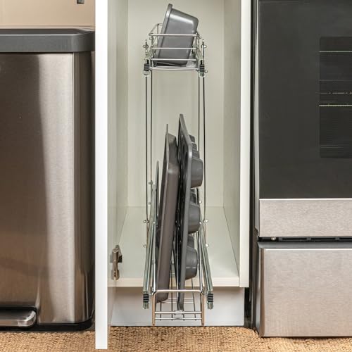 Household Essentials Glidez Multipurpose Chrome-Plated Steel Pull-Out/Slide-Out Storage Organizer for Cookware and Bakeware - 2-Tier Design - Fits Standard Size Cabinet or Shelf, Chrome - size: 5" - Extended, style: Dual Slide
