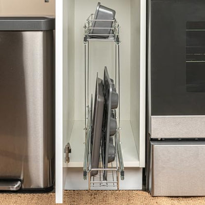Household Essentials Glidez Multipurpose Chrome-Plated Steel Pull-Out/Slide-Out Storage Organizer for Cookware and Bakeware - 2-Tier Design - Fits Standard Size Cabinet or Shelf, Chrome - size: 5" - Extended, style: Dual Slide