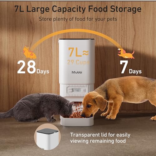 Automatic Cat Feeder - 7L/29 Cups Cat Food Dispenser with Desiccant Bag, 1–6 Meals, Ideal for 2–15mm Dry Food, Auto Pet Feeder with Dual Power Supply, Automatic Dog Feeder for Small Medium Breed - color: White
