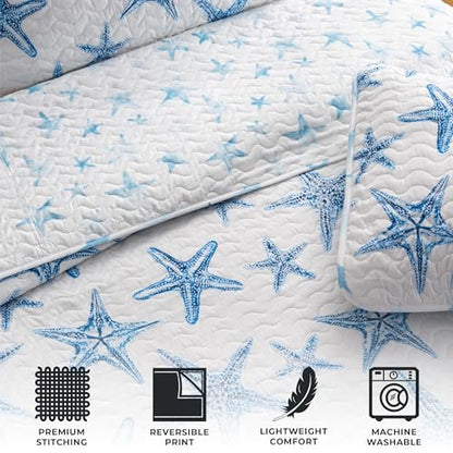 Great Bay Home Coastal Quilt Set - 2-Piece Twin/Twin XL Size Nautical Bedding Set - Lightweight, All-Season, Reversible Starfish Bedspread (Blue) - color: Blue, size: Twin / Twin XL