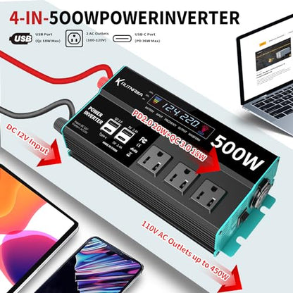 500W Power Inverters Peak 1000W 12V DC to 110V AC Converter for Vehicles USB-C/PD 25W Fast Charging Ports Car Charger Adapter with a Cigarette Lighter Ports Plug Outlet - size: Modified sine wave-500W