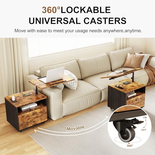 Bedroom Nightstand with Drawers & Charging Station, Adjustable Height Bedside Table with Wheels, Wooden Small Sofa Side Tables with Storage for Living Room, Rustic Brown - color: [A3] Rustic Brown