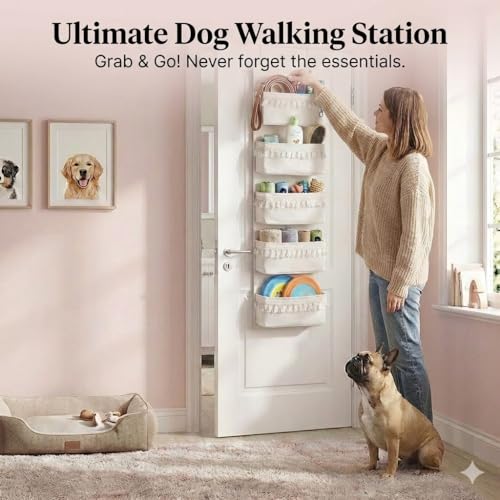 Over The Door Organizer, 5-Tier Sturdy Canvas Hanging Storage for Pet Supplies & Dog Walking Gear, Heavy Duty Large Pockets for Leashes, Treats, Toys, Multi-Use for Nursery & Closet (Beige)