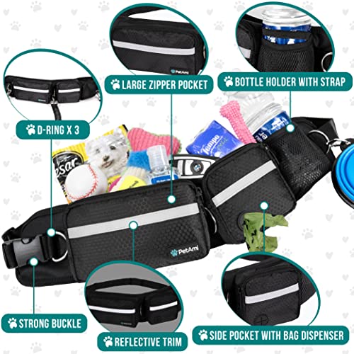 PetAmi Hands Free Dog Leash, Dog Running Leash Belt Bag for Walking, Jogging, Dog Waist Double Zipper Pouch with Poop Bag Dispenser, Dual Padded Handles Reflective Bungee Leash, Double (Black) - color: Black, size: 2 Leashes