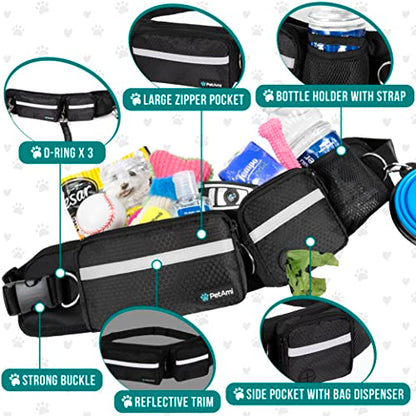 PetAmi Hands Free Dog Leash, Dog Running Leash Belt Bag for Walking, Jogging, Dog Waist Double Zipper Pouch with Poop Bag Dispenser, Dual Padded Handles Reflective Bungee Leash, Double (Black) - color: Black, size: 2 Leashes