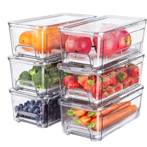 6-Pack Fridge Drawer Organizer, Pull-out Stackable Refrigerator Organizers and Storage, Clear Fruit Storage Containers Bins with Drain Tray for Kitchen Cabinet, Pantry Organization - size: 6 Pack