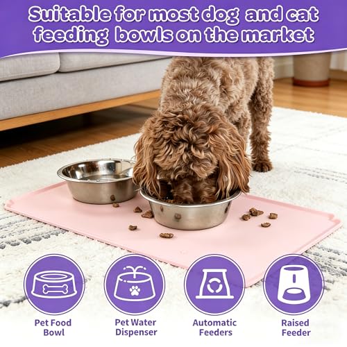 Pet Feeding Mat 12"x19" Silicone Dog Feeding Mat Pet Place Mat Waterproof Silicone Contain Spills Protects Floors Placemats for Cats and Dogs - color: Pink