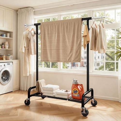 Raybee 75" W Heavy Duty Clothes Rack Load 450 LBS, Metal Garment Storage with Shelf, Lockable Wheels & Anti-Slip Stoppers, Rolling Clothing Rack for Bedroom Laundry Room, Black - color: Black, style: Rod Shelf
