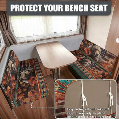 RV Dinette Cushion Covers Stretch Camper Cushion Cover Booth Seats, Aztec Bear Maple Leaf Print Washable Sofa Furniture Protector Replacement Slipcovers for Travel Trailer Couch - color: Aztec Bear Maple Leaf