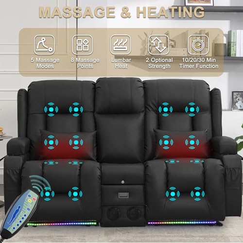 URRED Power Loveseat Recliner Sofa with Massage and Heat, Wall Hugger Reclining Loveseat with Console, RV Couch Home Theater Seating with LED Lights for Living Room (Black, 67" - 2 Seats) - color: Black, size: 67" - 2 Seats