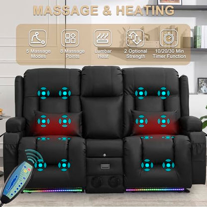 URRED Power Loveseat Recliner Sofa with Massage and Heat, Wall Hugger Reclining Loveseat with Console, RV Couch Home Theater Seating with LED Lights for Living Room (Black, 67" - 2 Seats) - color: Black, size: 67" - 2 Seats