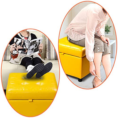 H&B Luxuries Tufted Leather Square Flip Top Storage Ottoman Cube Foot Rest - color: Yellow With Storage