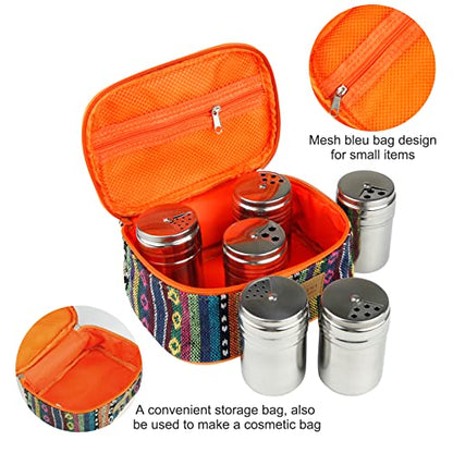 Camping Spice Kit, Salt and Pepper Shakers with Travel Bag, 6 Pc | Stainless Steel Containers with Pour Lids and Labels Organize Sugar, Herbs and Seasonings for Hiking, BBQ, RVing and Picnics - color: Orange
