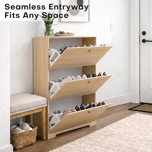 Nicetree Shoe Cabinet with 3 Flip Drawers，Freestanding Shoe Storage Cabinet, Narrow Shoe Organizer Cabinet, Farmhouse Slim Shoe Rack Cabinet for Entryway,Natural Oak with Hook - color: Natural Oak, style: 3-Drawers with Hook