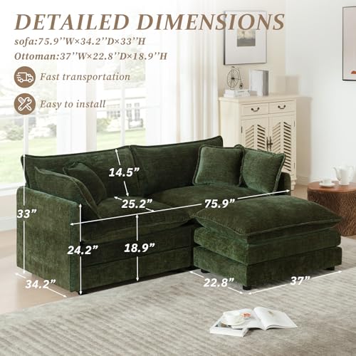 SoarFlash Chenille Sectional Sofa, Comfy L Shaped Modular Coush Sofa with Ottoman, Modern 2 Seat Couch Deep Seat Sofa Set for Living Room,Green - color: Green, size: 2 Seat+1 Ottoman