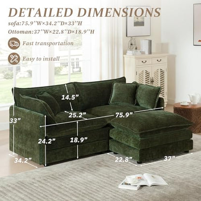 SoarFlash Chenille Sectional Sofa, Comfy L Shaped Modular Coush Sofa with Ottoman, Modern 2 Seat Couch Deep Seat Sofa Set for Living Room,Green - color: Green, size: 2 Seat+1 Ottoman