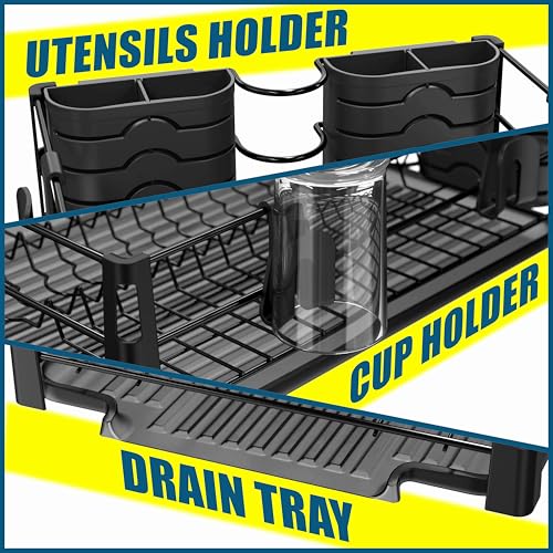 Simple Houseware Dish Drying Rack with Drainboard, Utensil Holder & Mug Hooks, Black Metal Kitchen Counter Organizer - color: Black