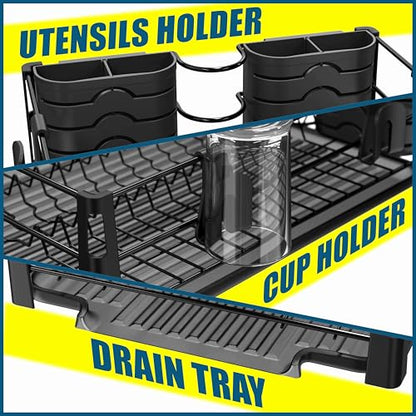 Simple Houseware Dish Drying Rack with Drainboard, Utensil Holder & Mug Hooks, Black Metal Kitchen Counter Organizer - color: Black