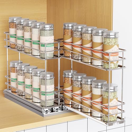 Mystozer Pull Out Spice Rack Organizer for Cabinet, Slide Out Spice Racks, Easy to Install Spice Cabinet Organizers, 5.28" Wx10.43 Dx8.26 H, 2 Drawers 2 Tiers(Silver) - color: Silver, size: 5.2" - 2 Drawers (2.2" each drawer)