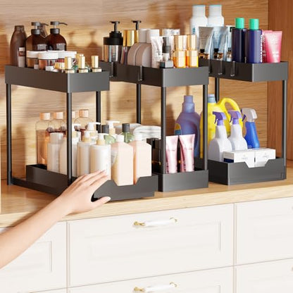 Simple Trending Under Sink Organizer 3 Pack, Sink Pull-Out Sliding Storage Cabinet, 2-Tier Under Shelf Organizer for Kitchen Bathroom, Black - size: 3 pack