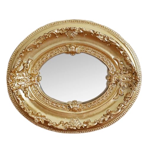 Golden Mini Vintage Mirror with Exquisite Relief Elegant Wall Decor for Bedroom Dresser Table Compact Resin Retro Design (Golden Oval, 4.7 X5.5) - color: Golden Oval