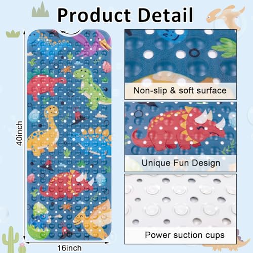 Topotdor Baby Bath Mat, Cartoon Bath Mat for Tub Non Slip Kids, 40x16 Inch Extra Long Toddler Bathtub Mat with Drain Holes & Suction Cups, Machine Washable Anti-Slip Shower Mat, Dinosaur - color: Dinosaur