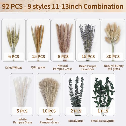 Bpole Dried Pampas Grass Bouquet - 92 Pcs 11-13 inch Pampas Grass Decor with Bunny Tails,Eucalyptus & Lavender Dried Boho Flowers for Vase Wedding Home Table Decor,Rustic Farmhouse Party - size: 11-13 inch 92PCS