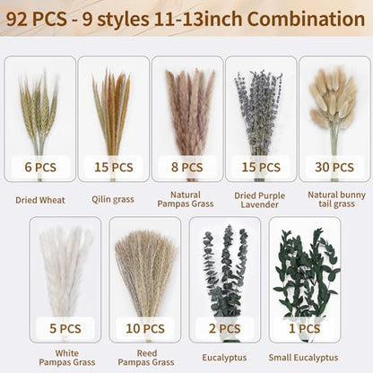 Bpole Dried Pampas Grass Bouquet - 92 Pcs 11-13 inch Pampas Grass Decor with Bunny Tails,Eucalyptus & Lavender Dried Boho Flowers for Vase Wedding Home Table Decor,Rustic Farmhouse Party - size: 11-13 inch 92PCS