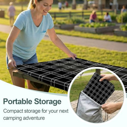 Play Tailor Picnic Table Cover with Bench Covers Camping Essentials Waterproof Windproof Camping Tablecloth with Drawstring Bag, Fitted Rectangle Tables and Seats, 96in, Black Checkered - color: Black Checkered, size: 96in