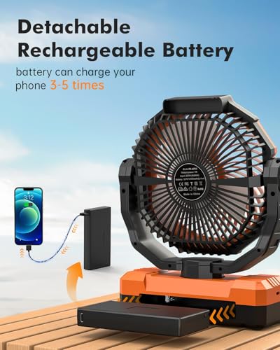 3-in-1 Camping Fan - Detachable Rechargeable Battery Operated Fan with Light & Hook for Tent, Outdoor - USB Table Fans with 4 Speeds for Picnic, BBQ, Fishing, Travel, Hurricane - size: Large 10-60Hours