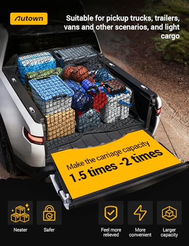 AUTOWN Cargo Net for Pickup Truck Bed - Stretchable 4'x4' to 7'x7', High Elastic Fine Mesh 1''x1'' with 8 Metal Carabiners - Ideal for ATV, SUV, UTV, Truck and Boat Use (Double Layer) - size: Double layer