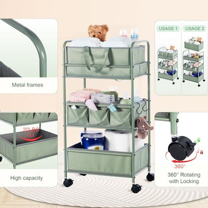 Honeydak 2in1 Baby Diaper Caddy Organizer Cart 3 Tier Large Capacity Metal Utility Bedside Rolling Cart with Divider Newborn Registry Nursery Essential Must Have Crib Bedroom Baby Shower(Green) - color: Green