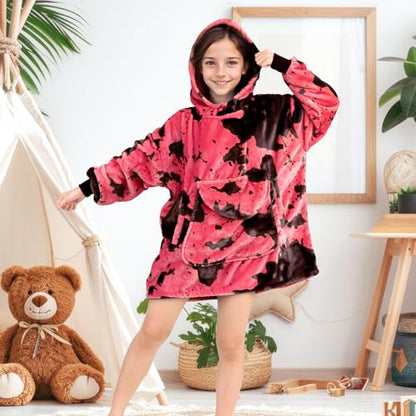 cow print Pink Wearable Blanket Hoodie 6-13 Year Old - Cozy Soft Fleece Flannel Hot Pink Hooded Sweatshirt Blanket, Christmas/Birthday Gifts for Teens Girls - color: Black Pink, size: Kids-M