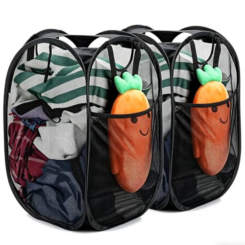 2 Pcs Strong Mesh Pop up Laundry Hamper,House Again Collapsible Laundry Basket with Durable Handles Solid Bottom High Carbon Steel Frame, Space-Saving, Easy to Open and Fold Flat for Storage(Black) - color: Black, size: 2-Pack