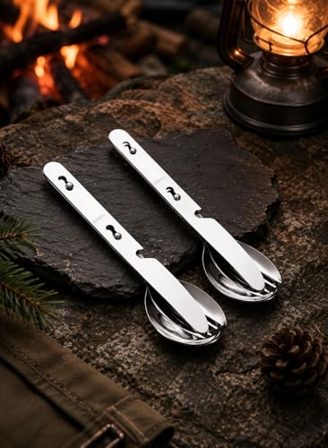 Stainless Steel Travel Utensil Set, 3-Piece Portable Flatware with Spoon, Fork, Knife, Lightweight Camping Cutlery, Interlocking Design, 6 inches, Canvas Carrying Case Included