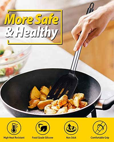 Pack of 2 Silicone Solid Turner, Non Stick Slotted Kitchen Spatulas, High Heat Resistant BPA Free Cooking Utensils, Ideal Cookware for Fish, Eggs, Pancakes(Black) - color: Black