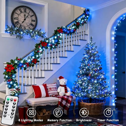 JMEXSUSS 2 Pack Blue and White Battery String Lights, Each 33ft 100 LED Battery Powered Christmas Lights with Remote for Outside Party Birthday - color: Blue&White, size: 2*100LED