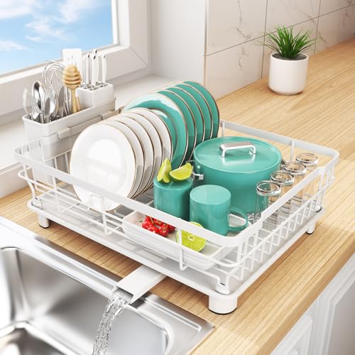 Dish Drying Rack - Space Saving Dish Rack - Dish Racks for Kitchen Counter with Drainboard,Rustproof Dish Drainer with Removable Utensil Holder,White - color: 1 Tier-white